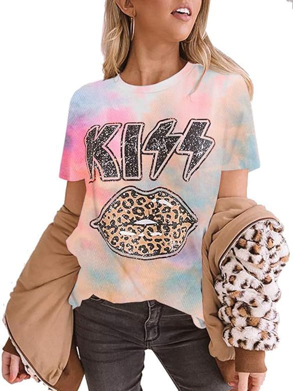 Womens Plus Size Leopard Lips Print T-Shirt Casual Short Sleeve Funny Graphic Fashion Kiss Lip Te... | Amazon (US)