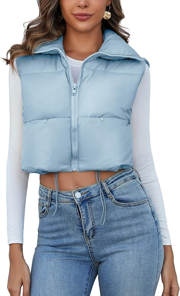 Kissonic Women's Padded Down Vest Puffer Stand Collar Zip Up Crop Sleeveless Jacket | Amazon (US)
