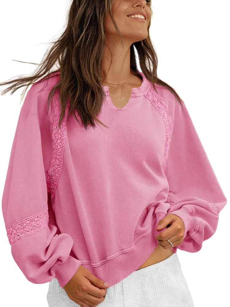 Fisoew Womens Oversized Sweatshirt Casual V Neck Lace Lantern Long Sleeve Cropped Loose Fit Fall ... | Amazon (US)