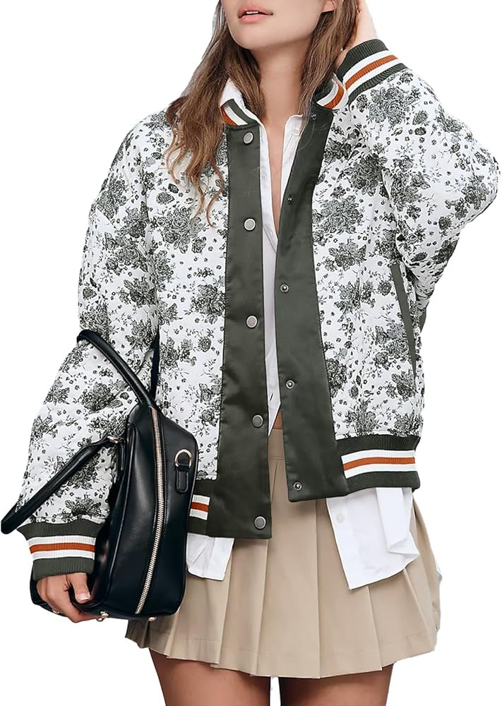 Xaspee Women's Puffer Varsity Baseball Jacket Casual Floral Print Letterman Bomber Jacket Windbre... | Amazon (US)