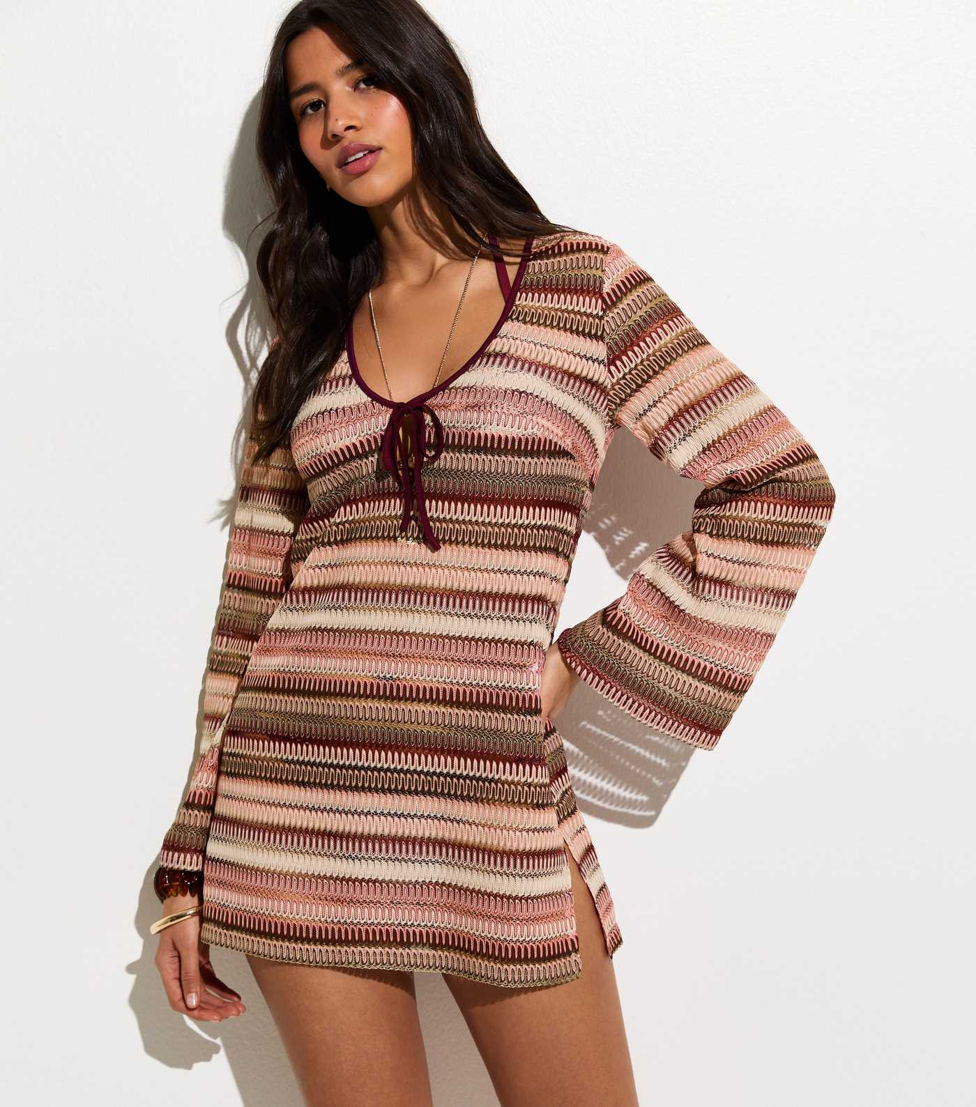Pink Stripes Crochet Kaftan Beach Mini Dress | New Look | New Look (UK)