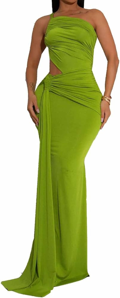 Yuopeid Women's Sexy One Shoulder Sleeveless Bodycon Ruched Hollow Out Formal Cocktail Party Long... | Amazon (US)