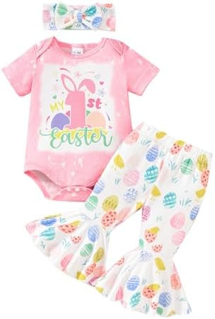 Newborn Baby Girl Easter Outfit Long Sleeve Romper Bodysuit Bunny Eggs Flared Pants Set Cute My 1... | Amazon (US)