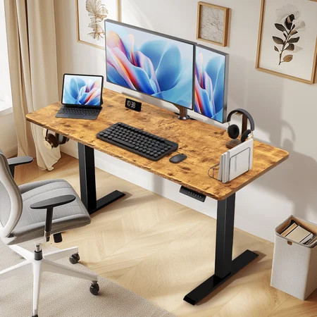 CHITOOMA 55" x 24" Electric Standing Desk, Adjustable Height Sit Stand Up Desk with 4 Memory Pre-Set, Home Office Gaming Desk with Headphone Hook, Vintage Brown | Walmart (US)