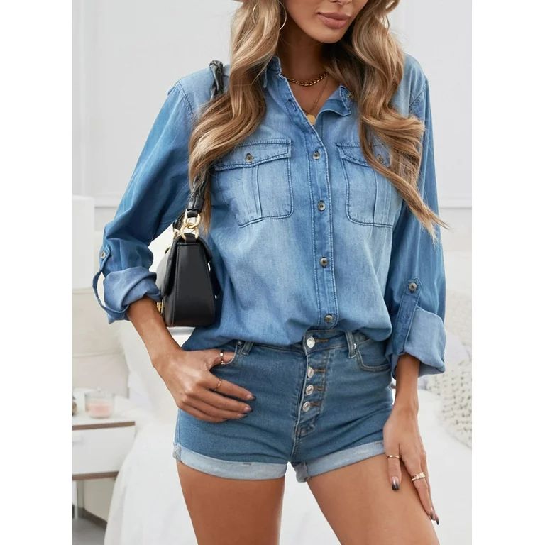 Astylish Denim Shirt Women Button Down Shirts V Neck Casual Long Sleeve Cotton Blouses Oversized ... | Walmart (US)