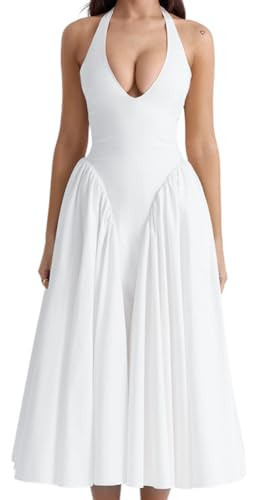 Women's Sexy Sleeveless Summer Dress Backless Deep V Neck Halter Bodycon Maxi Party Dress Beach Vacation Sundress (A White,XS,US,Alpha,X-Small,Regular,Regular) | Amazon (US)