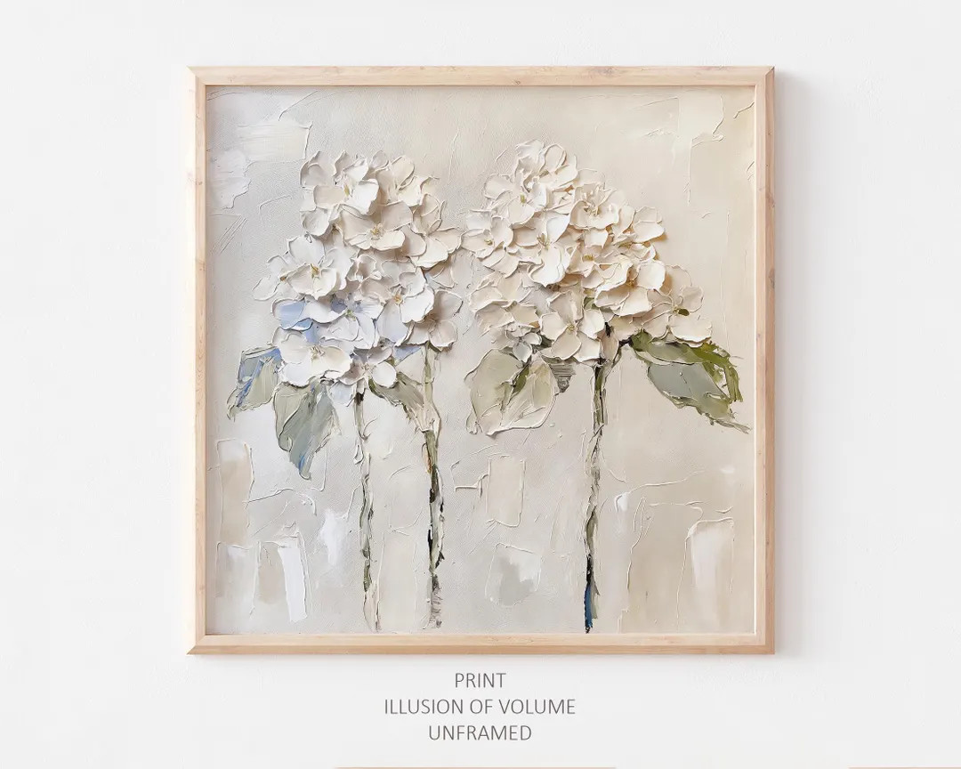 Hydrangea Oil Painting Print: Neutral Beige Floral Wall Art - Etsy | Etsy (US)