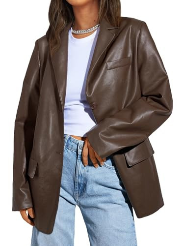 Trendy Queen Leather Jacket for Women Oversized Blazer Faux Suede Button Up Winter Coats Fashion Fall Outfits y2k 2025 Brown M | Amazon (US)