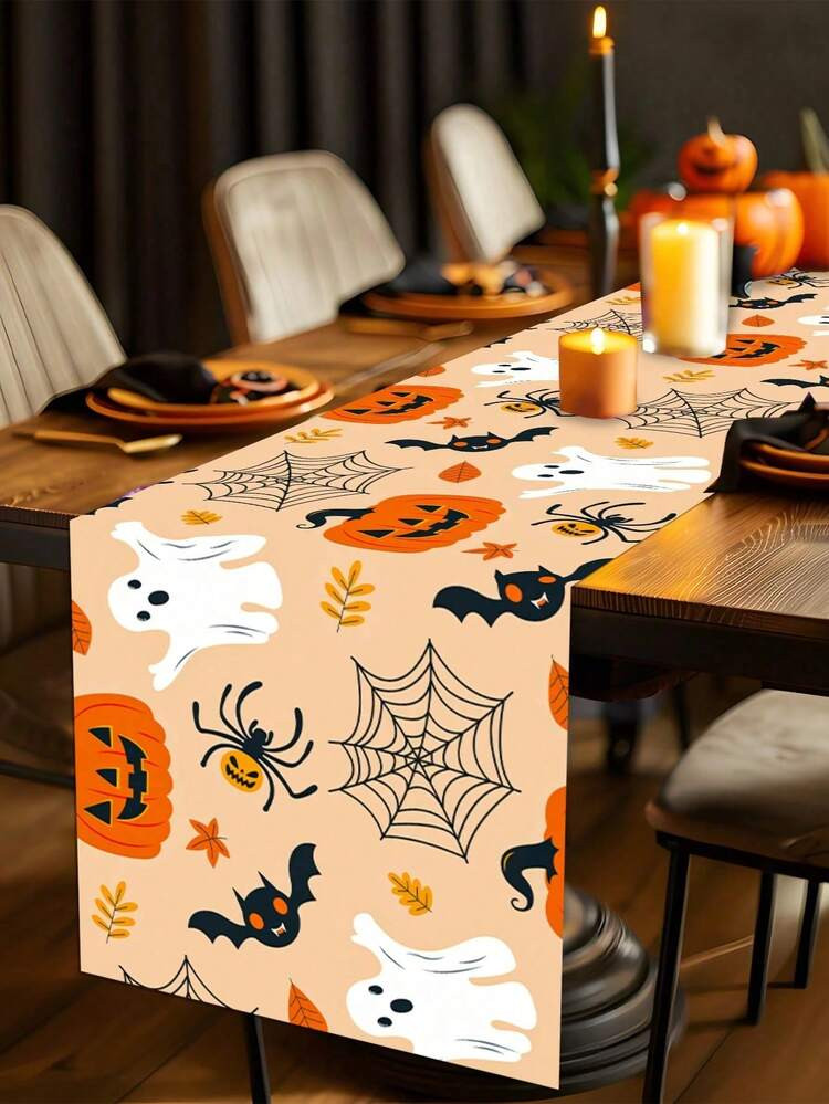 1pc Halloween Decoration Table Runner, Ghost Pumpkin Bat Pattern Orange Polyester Table Cover, Ha... | SHEIN
