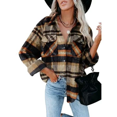 Chase Secret Women s Plaid Button Down Shirt Shacket Jacket Women Orange Long Sleeve Oversized Shirt | Walmart (US)