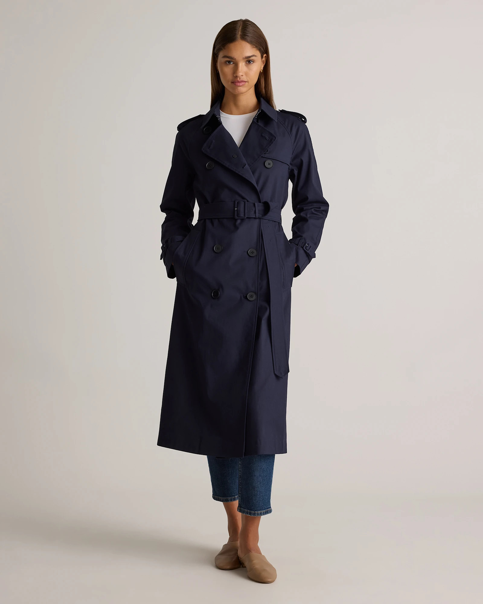 Quince | Women's Comfort Stretch Long Trench Coat in Midnight Black, Size XL, Organic Cotton | Quince