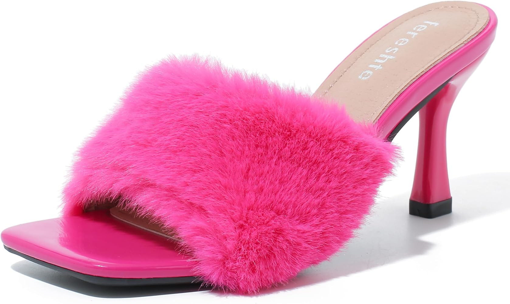 fereshte Women's Fur Heels Square Toe High Kitten Heeled Mule Dress Party Sandals | Amazon (US)
