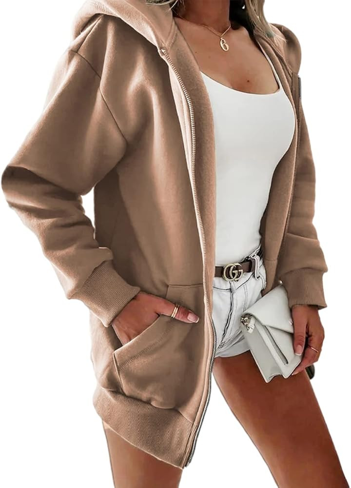 Yousify Women Casual Full Zip Up Plush Hoodie Comfy Loose Solid Sweatshirt Long Sleeve Jacket wit... | Amazon (US)