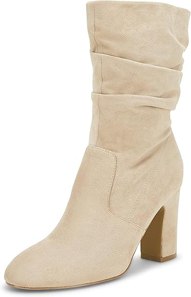 Women's Mid Calf Slouchy Boots Suede High Heel Zip Stacked Chunky Block Round Toe Booties | Amazon (US)