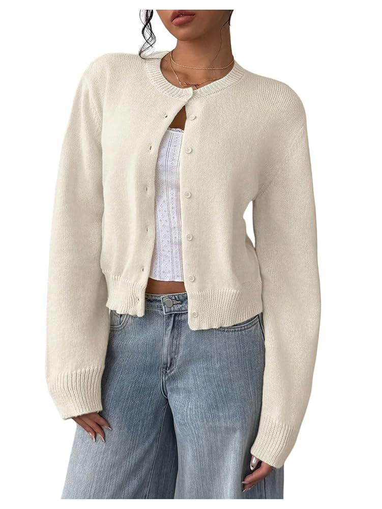 SOLY HUX Women's Button Down Long Sleeve Crewneck Crop Cardigan Sweater Cute Knitwear Clothes | Amazon (US)