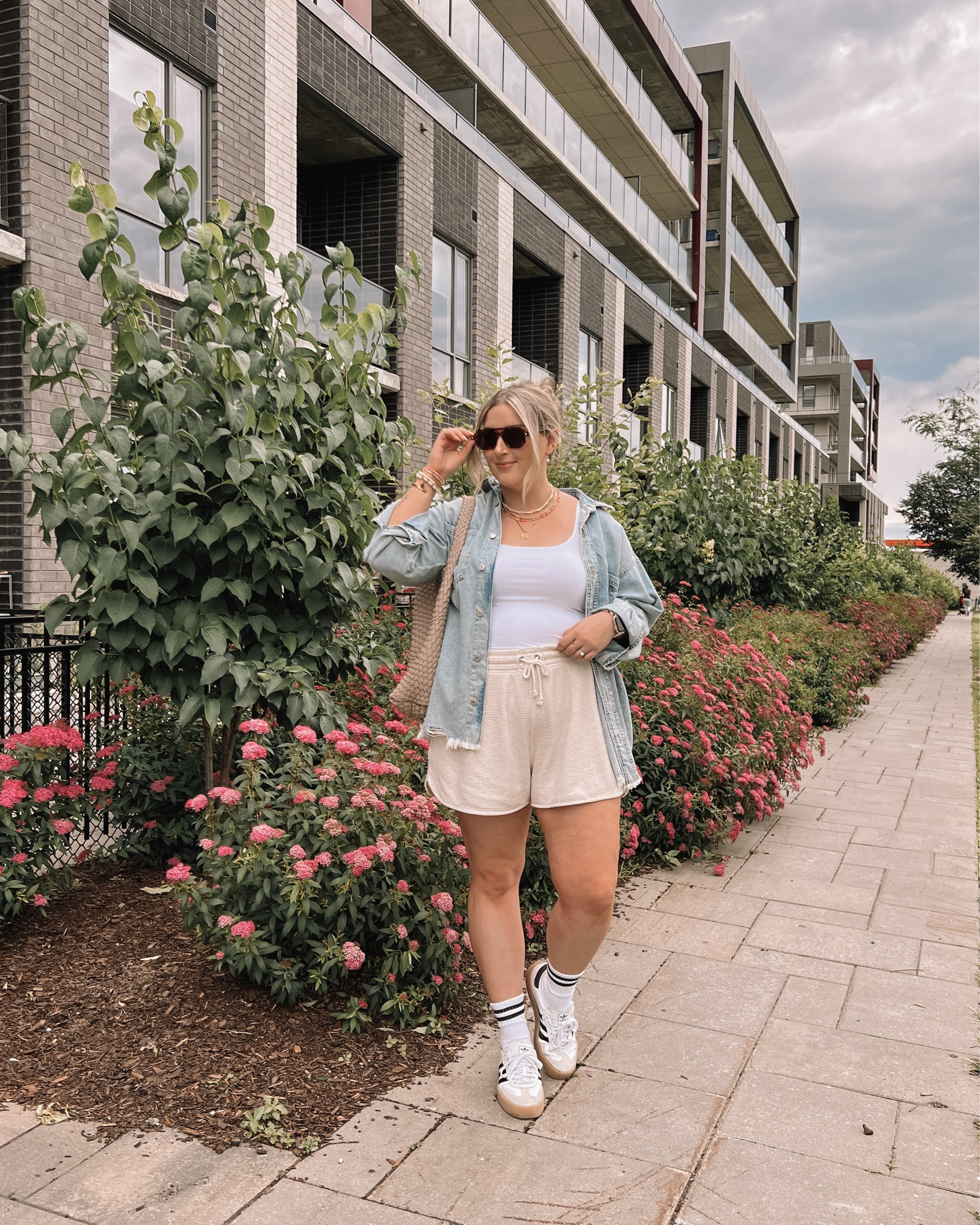 Comfy casual midsize summer outfit - affordable double lined white tank top (L), beige lounge shorts (linked similar), denim shirt (linked similar), adidas sambas (sized down)



#LTKsummer #LTKmidsize #LTKcanada