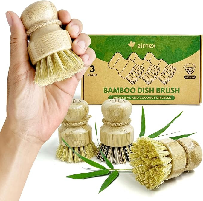 AIRNEX Bamboo Dish Brush Set of 3 - Natural Wooden Dish Scrubber w/Medium Stiff Sisal & Coconut B... | Amazon (US)