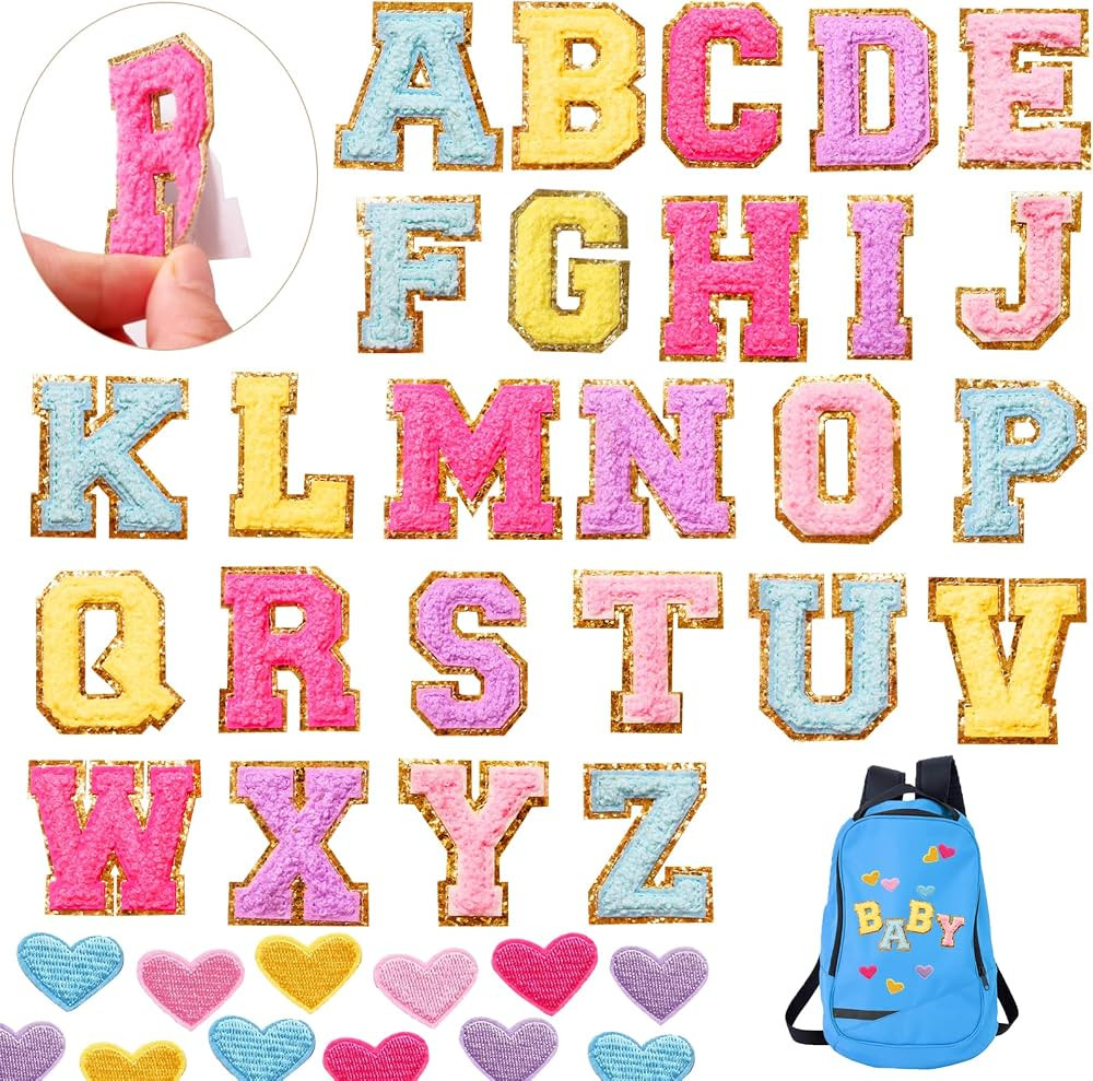 46 Pcs Self Adhesive Chenille Letters Patches Heart Chenille Patches Preppy Cute Colorful Sew Iro... | Amazon (US)