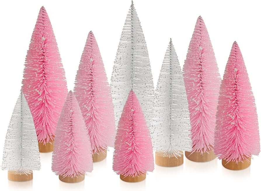 9 Pcs Pink Color Mini Sisal Bottle Brush Trees Small Artificial Christmas Tree with Wood Base Chr... | Amazon (US)