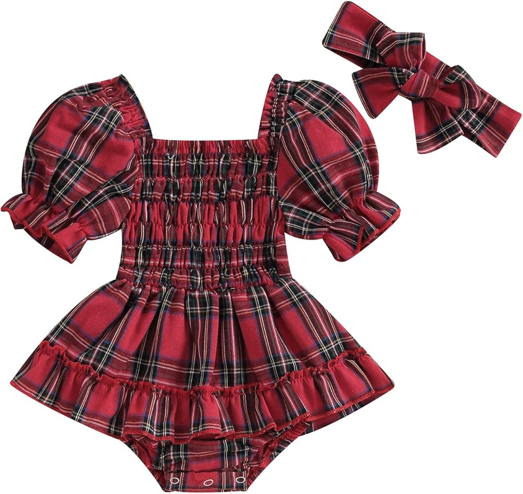 Honganda Infant Baby Girl Christmas Romper Dress Bubble Sleeve Square Neck Plaid Skirted Onesie w... | Amazon (US)