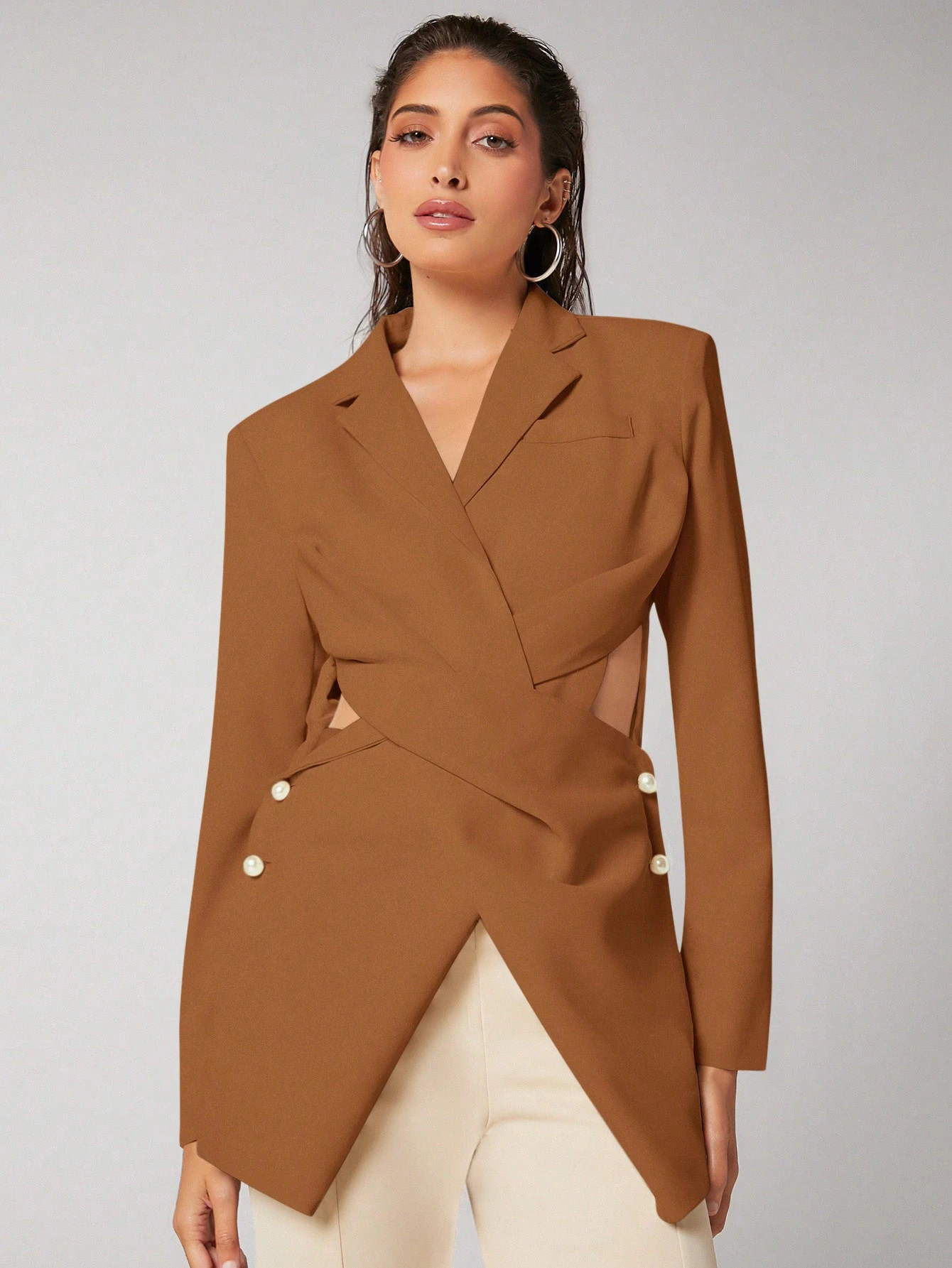 SHEIN BIZwear Wrap Cross Twist Front Button Detail Blazer | SHEIN