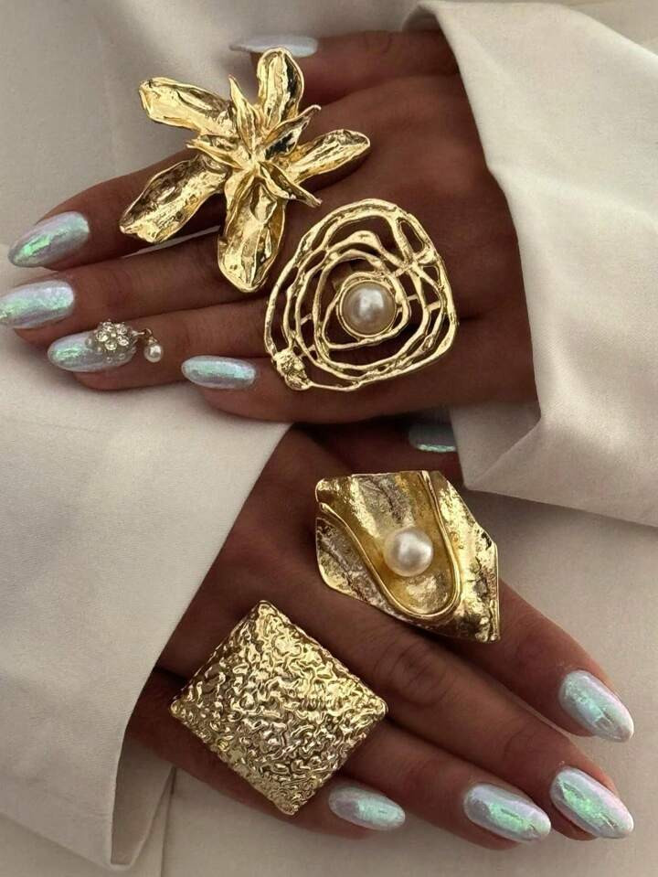 1/3/4/5pcs Chunky Vintage Geometric Wave Textured Faux Pearl Ring, Fashionable Metallic Jewelry F... | SHEIN