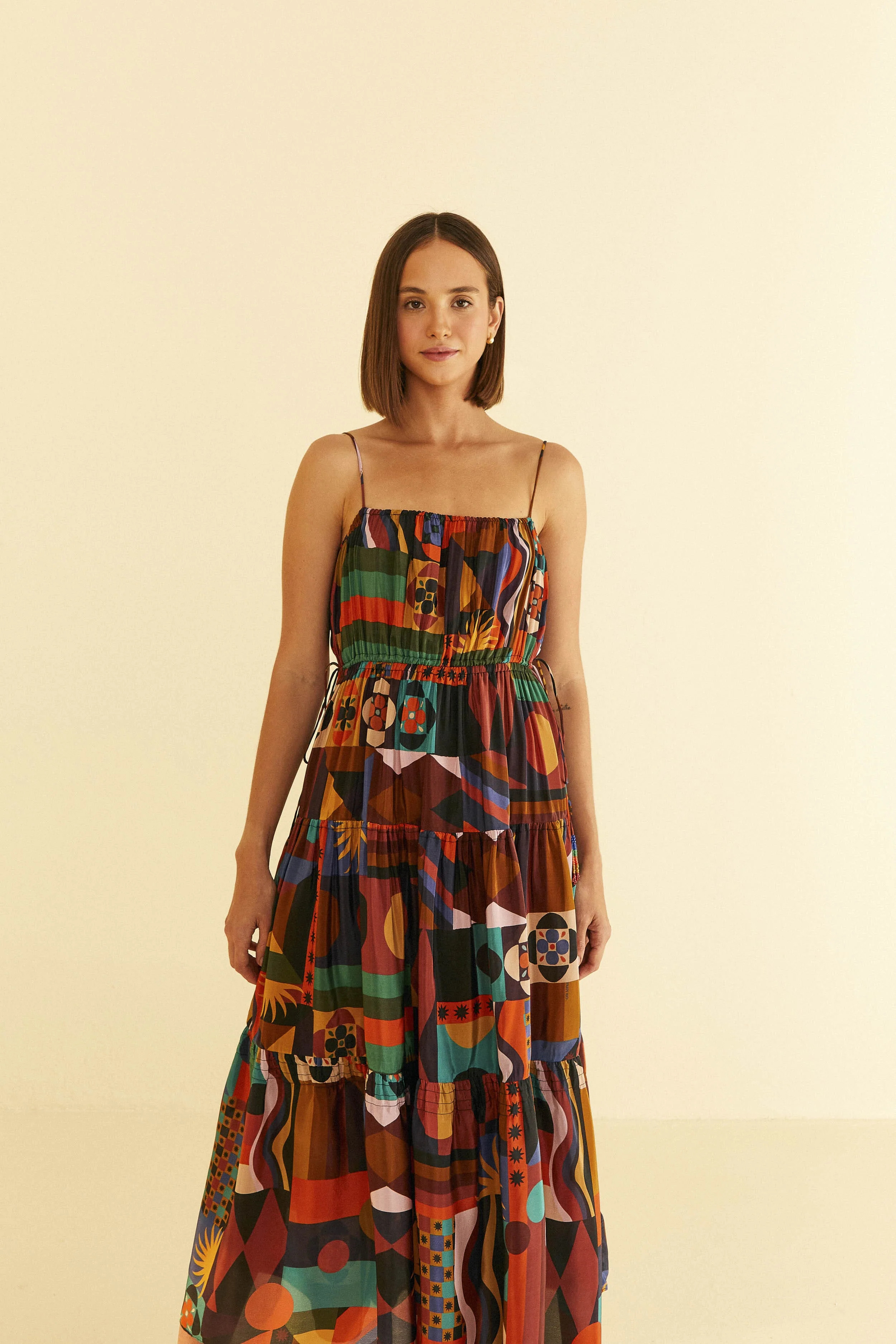 multicolor tropical shapes sleeveless midi dress | FarmRio (US)