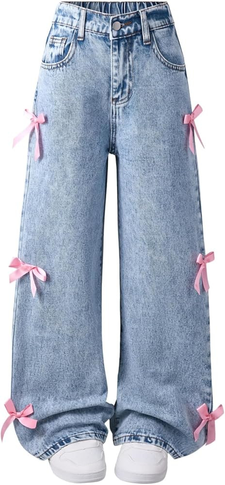 Girls Jeans with Bows Wide Leg Baggy Denim Pants High Elastic Waisted Cute Trousers Casual Kids S... | Amazon (US)