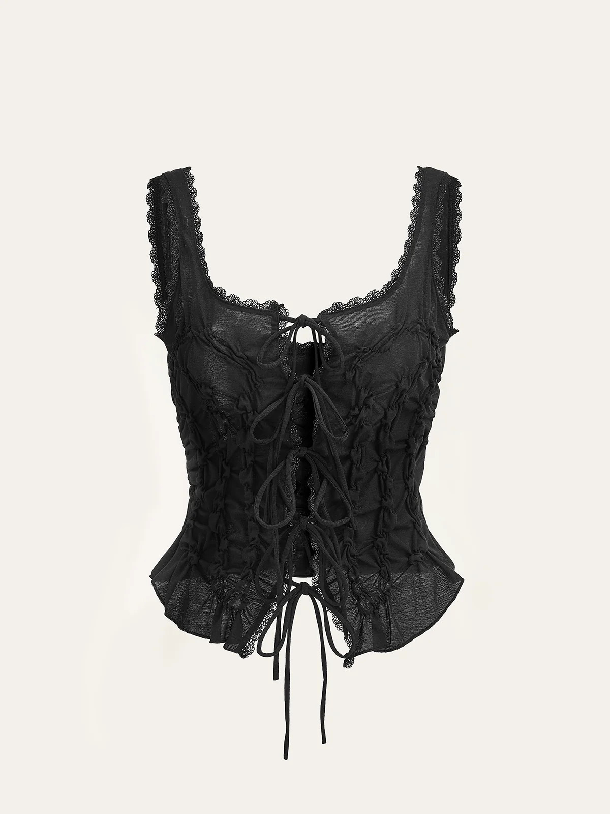 Semi-Sheer Lace-Trimmed Ruched Corset Top | Commense