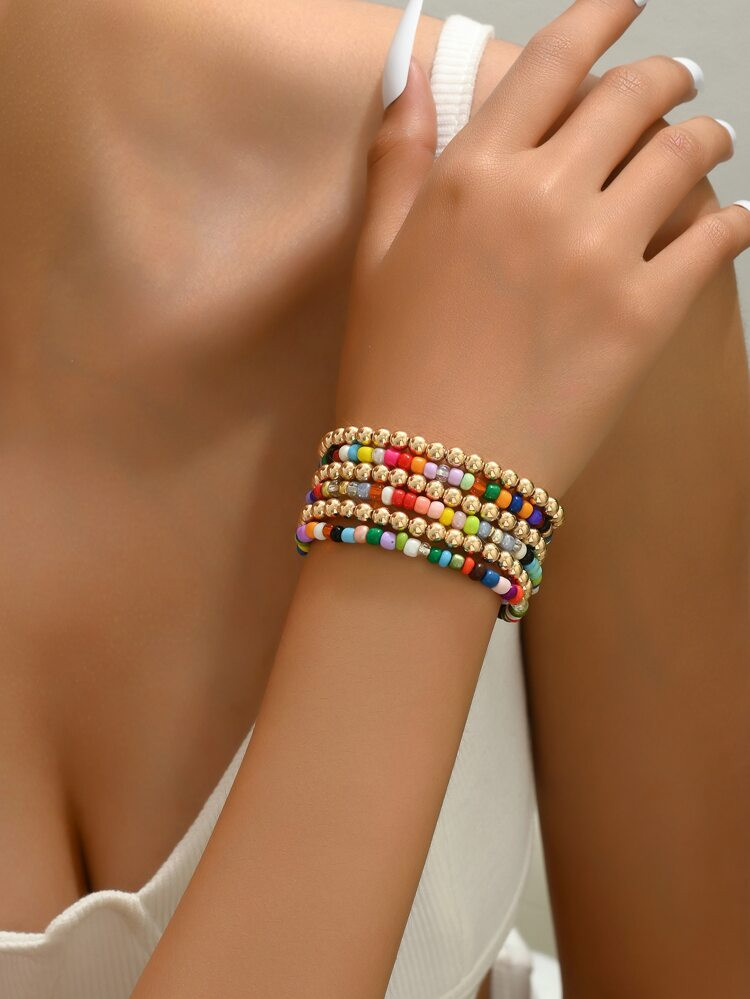 6pcs/set Classic And Fashionable Metal Beaded Bracelets Set For Women | SHEIN