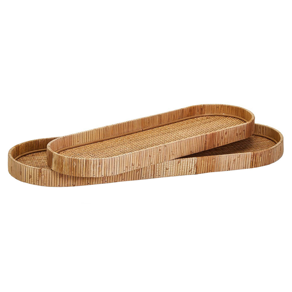 Angelina Coastal Beach Brown Woven Rattan Oval Decorative Tray - Set of 2 | Kathy Kuo Home
