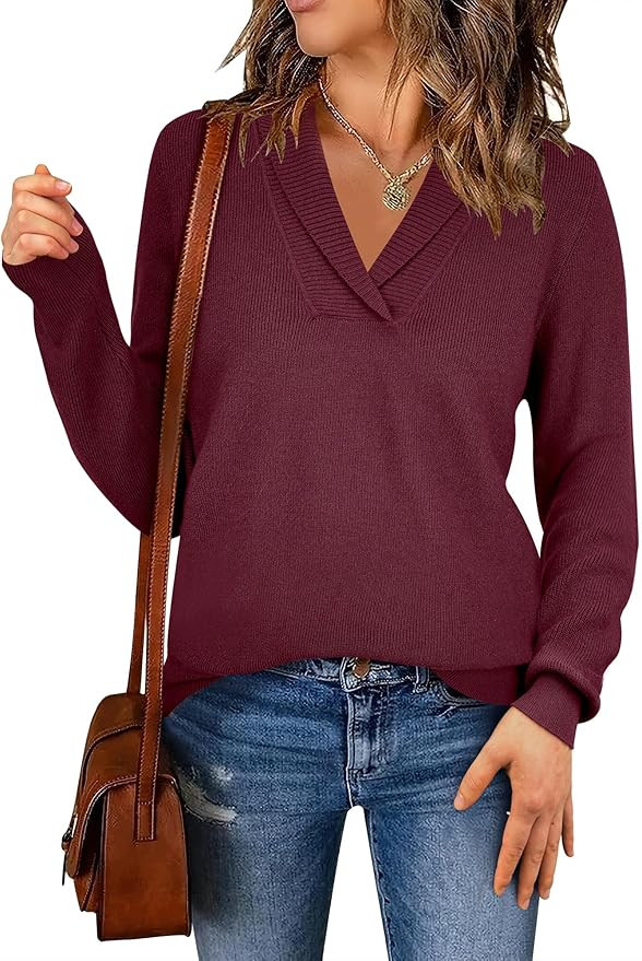 ANRABESS Women Long Sleeve Polo V Neck Knit Dressy Casual Pullover Sweater Shirts 2024 Fall | Amazon (US)