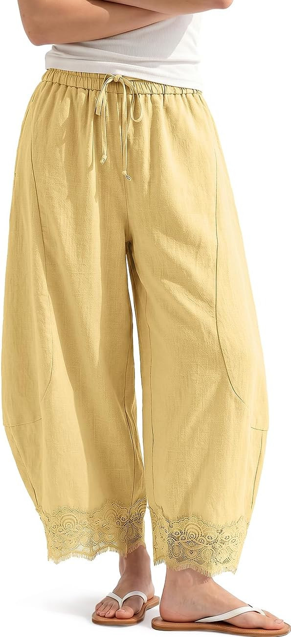 TARSE Womens Linen Wide Leg Cropped Lace Trim Pants | Amazon (US)