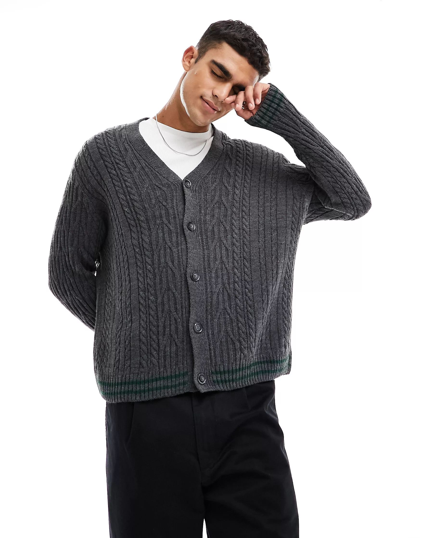 ASOS DESIGN oversized cable knit cricket cardigan in charcoal & green tipping | ASOS (Global)