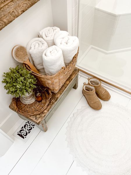 Bathroom essentials- rug, bath mat, towels, dry brush, baskets 

#LTKstyletip #LTKhome
