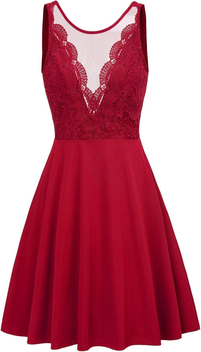 GRACE KARIN Women Sleeveless Lace Patchwork Deep V-Neck A Line Flared Party Dress | Amazon (US)