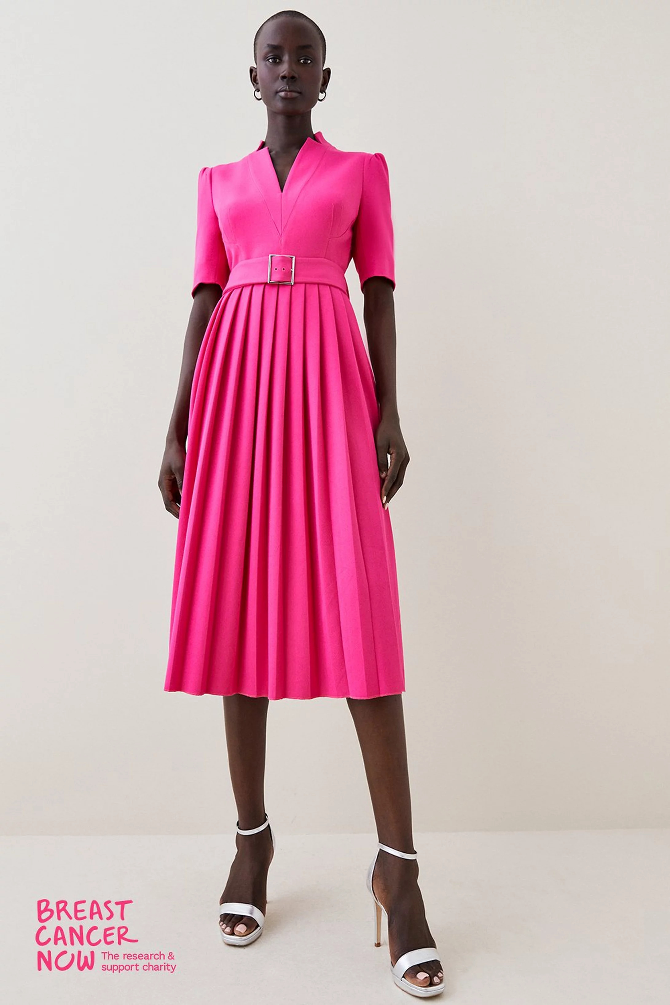 Tailored Structured Crepe Forever Pleat Belted Midi Dress | Karen Millen | Karen Millen UK + IE + DE + NL