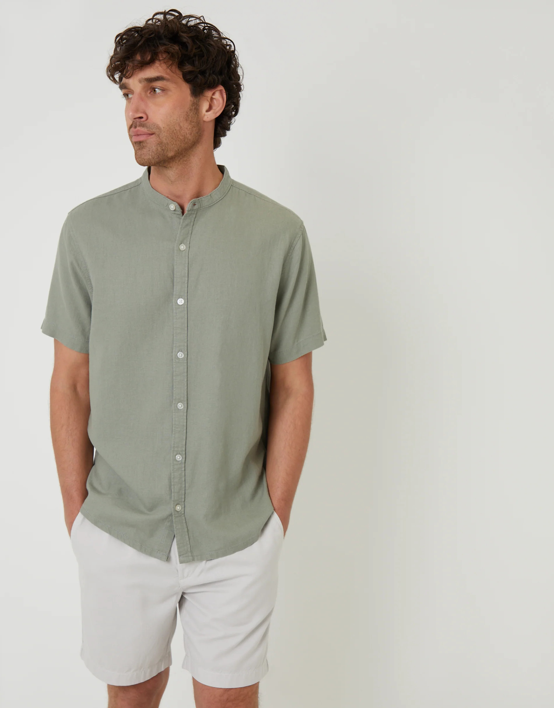 Grandad Collar Linen Blend Short Sleeve Shirt in Sage Green | Threadbare UK