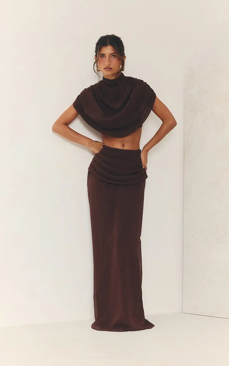 Dark Brown Chiffon Pleated Draped Maxi Skirt Co-ord | PrettyLittleThing USA | PrettyLittleThing US