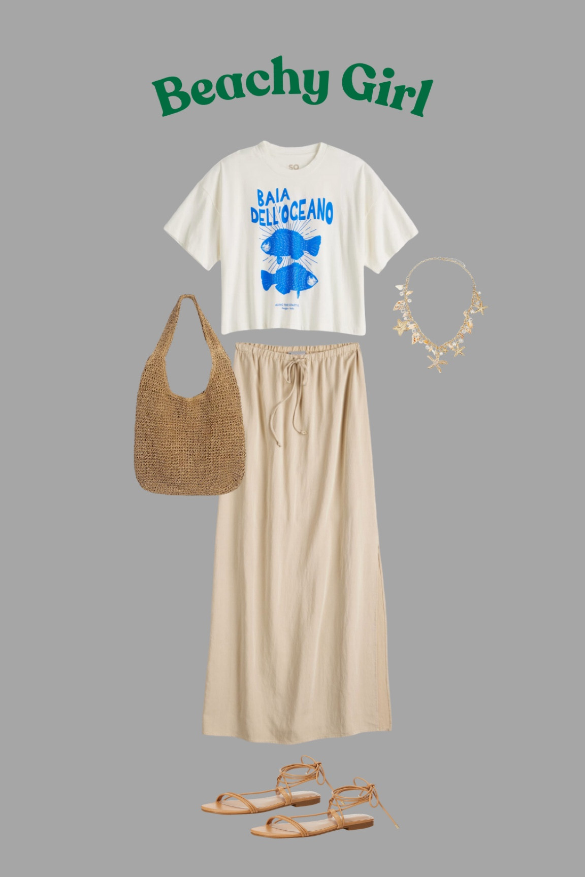 Beach vacation, Hawaii, Italy, casual style, graphic T-shirt, maxi skirt, tote bag, charm necklace, nude sandals, beachy, beach, dinner, wine tasting, European 