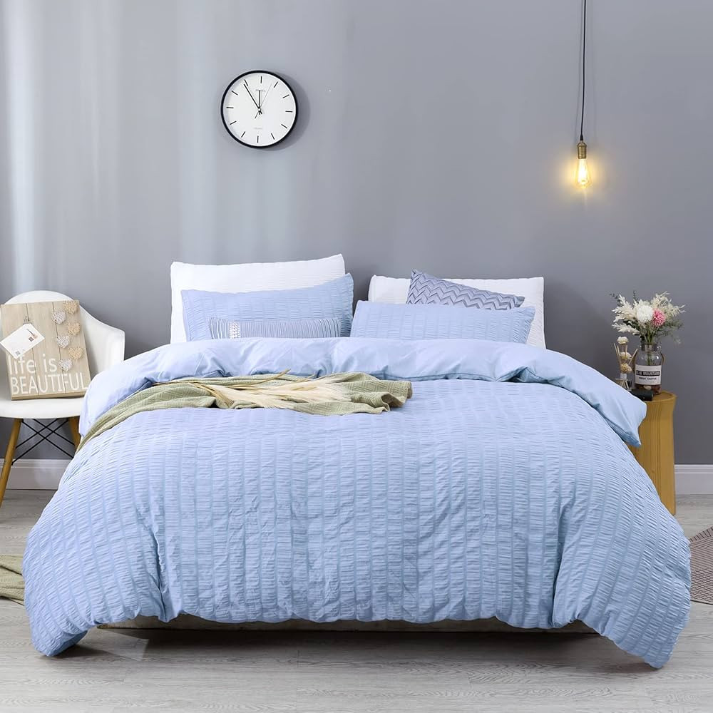 Bowavat Seersucker Duvet CoverTwin Size,100% Washed Microfiber 3 Pieces Light Blue Duvet Cover Se... | Amazon (US)