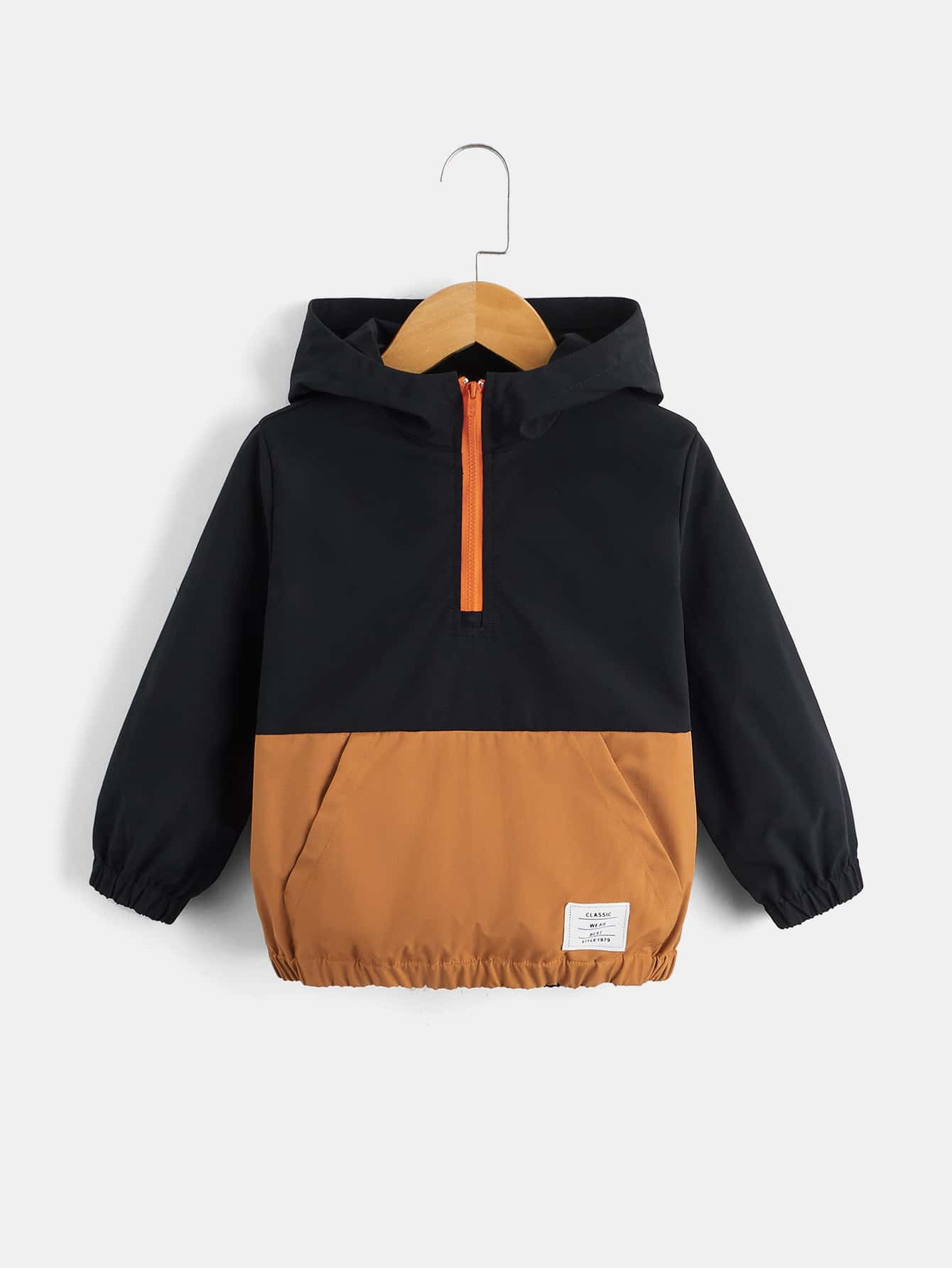 SHEIN Kids EVRYDAY Toddler Boys Two Tone Patch Detail Half Zip Hooded Jacket | SHEIN