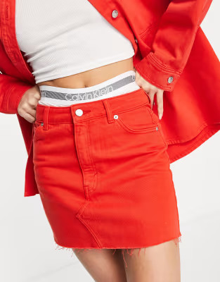 Topshop organic cotton high waisted denim skirt in red (part of a set) | ASOS (Global)