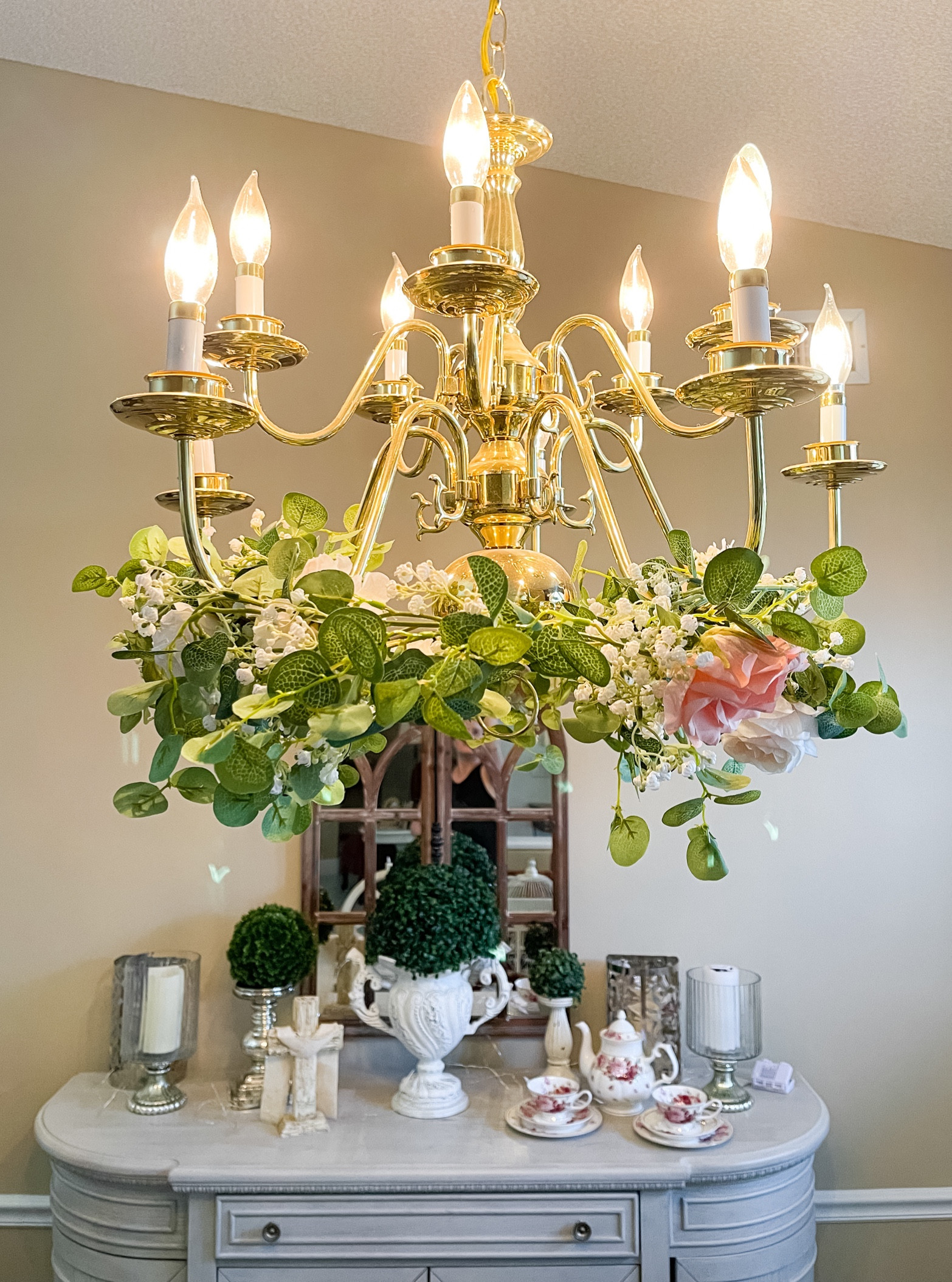 I love how garlands look on chandeliers/light fixtures for seasonal decoration or parties  This rose and eucalyptus garland is beautiful for spring time! 

#LTKSeasonal #LTKparties #LTKhome