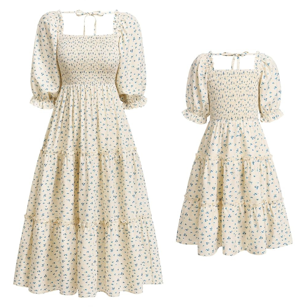 Mommy and Me Matching Dresses Floral Printed Ruffled Lantern Sleeves A-Line Long Dress Mom Daught... | Amazon (US)