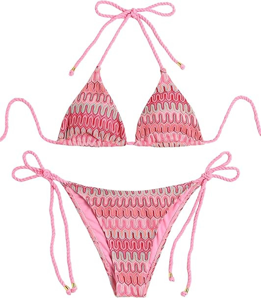 2 Piece Triangle Bikini for Women Knitted Rope Halter Bikini Sets Sexy Bathing Suit Side Tie Swim... | Amazon (US)