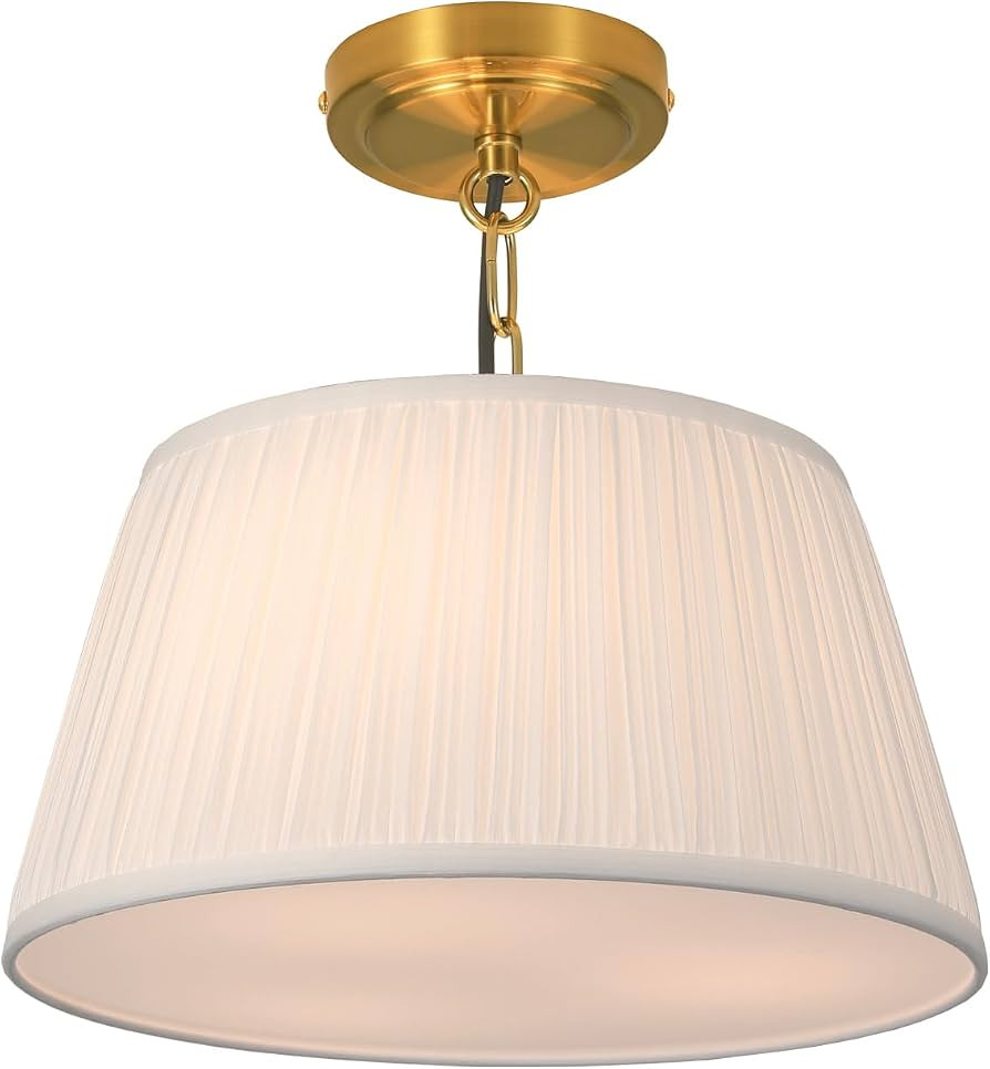 Electro bp; 12.6”Dia White Pleated Fabric Drum Shade Ceiling Light Fixture Farmhouse Brocade Li... | Amazon (US)