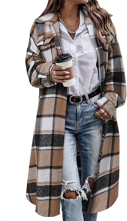CHICZONE Womens Plaid Shacket Jacket Long Corduroy Shirt Casual Lapel Button Down Flannel Trench ... | Amazon (US)
