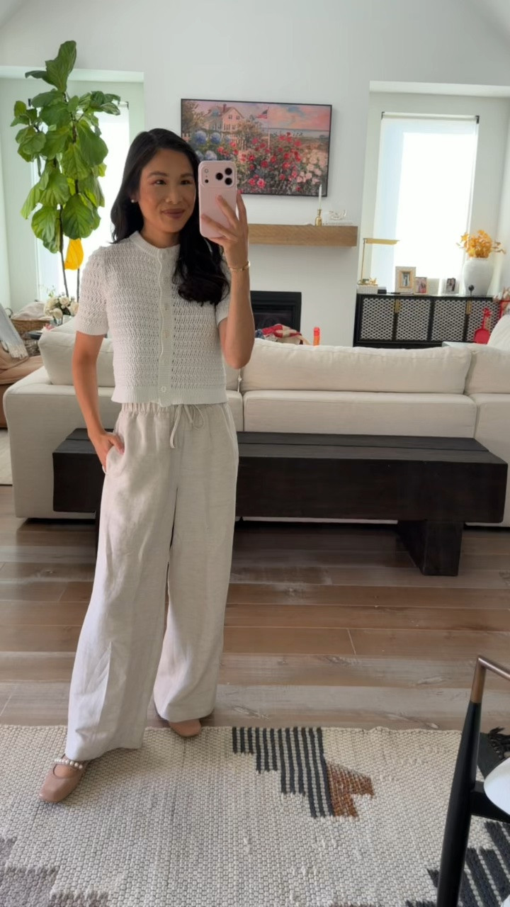 Summer outfit with linen pants in size XS that I adore styled with textural crew cardigan. Perfect for casual work from home, breastfeeding friendly, and overall very comfortable

#LTKootd #LTKSeasonal
