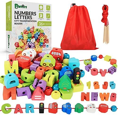 BMTOYS Wooden Lacing Toy Alphabet Number Threading Beads for Boys Girls Age 3 4 5 6 Montessori Educa | Amazon (US)